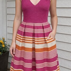 Hutch Anthropologie Pleated Pink & Orange Striped Fit & Flare Dress - Size 12 -
